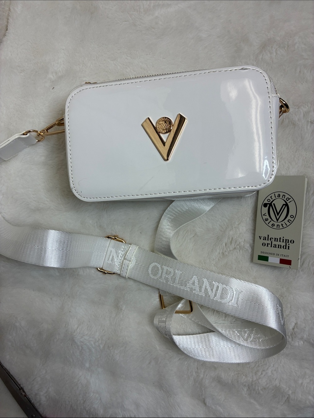 Valentino Orlandi White Patent Crossbody with Gold V Emblem
